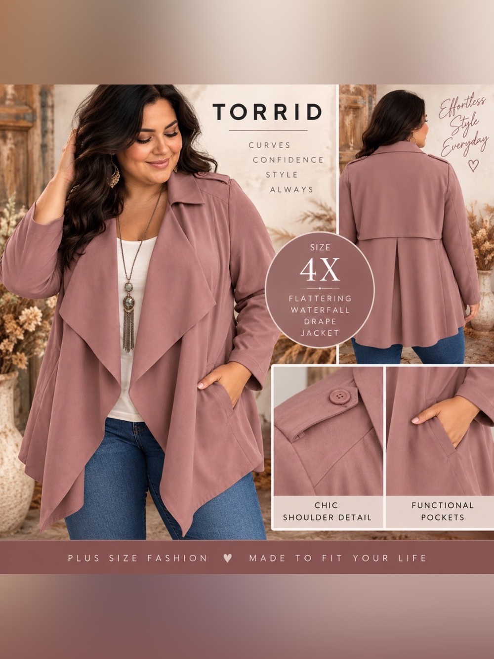 TORRID- 4X -Mauve Pink/ Waterfall Draped - Open Front Trench Blazer with pockets